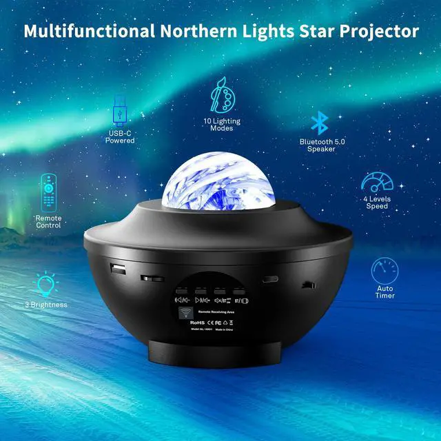 Alt view image 3 of 7 - Northern Lights Projector, Aurora Star Galaxy Projector Night Light for Bedroom/Ceiling/Party with Bluetooth Speaker, Soothing Mood Northern Light Lamp for Kids, Adults, Gift Idea