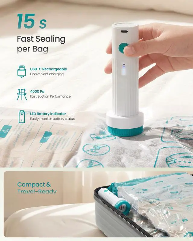 Alt view image 5 of 6 - Vacuum Storage Bags, Rechargeable Portable Electric Pump, Space Saver Vacuum Seal Suction Bags for Clothing Travel Bedding Comforters, Reusable, 9 Pack, 3M/3L/3J, Transparent ULVB202W101