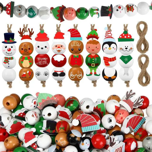 Main image of 300 Pcs Christmas Wood Beads with Twine - Santa Gingerbread Snowman Winter Animals Wooden Round Bead for Hanging Ornaments DIY Crafts Garland Holiday Tree Decor(Classic Christmas)