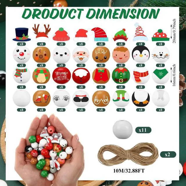 Alt view image 2 of 4 - 300 Pcs Christmas Wood Beads with Twine - Santa Gingerbread Snowman Winter Animals Wooden Round Bead for Hanging Ornaments DIY Crafts Garland Holiday Tree Decor(Classic Christmas)