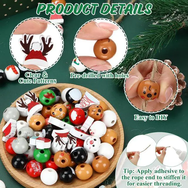 Alt view image 3 of 4 - 300 Pcs Christmas Wood Beads with Twine - Santa Gingerbread Snowman Winter Animals Wooden Round Bead for Hanging Ornaments DIY Crafts Garland Holiday Tree Decor(Classic Christmas)