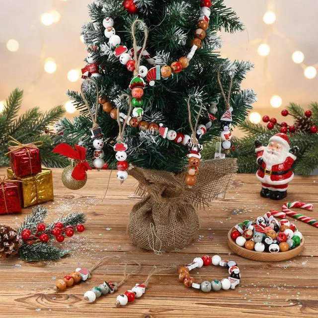 Alt view image 4 of 4 - 300 Pcs Christmas Wood Beads with Twine - Santa Gingerbread Snowman Winter Animals Wooden Round Bead for Hanging Ornaments DIY Crafts Garland Holiday Tree Decor(Classic Christmas)