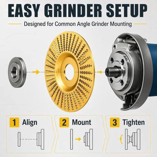 Alt view image 5 of 7 - Angle Grinder Polishing Pad, Tungsten Carbide Cutting Wheel, Wood Carving Disc Set, Woodworking Attachment for Cutting, Shaping, Sanding Stump Removal & DIY Woodworking (Gold 3PCS)