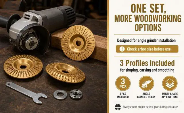 Alt view image 7 of 7 - Angle Grinder Polishing Pad, Tungsten Carbide Cutting Wheel, Wood Carving Disc Set, Woodworking Attachment for Cutting, Shaping, Sanding Stump Removal & DIY Woodworking (Gold 3PCS)
