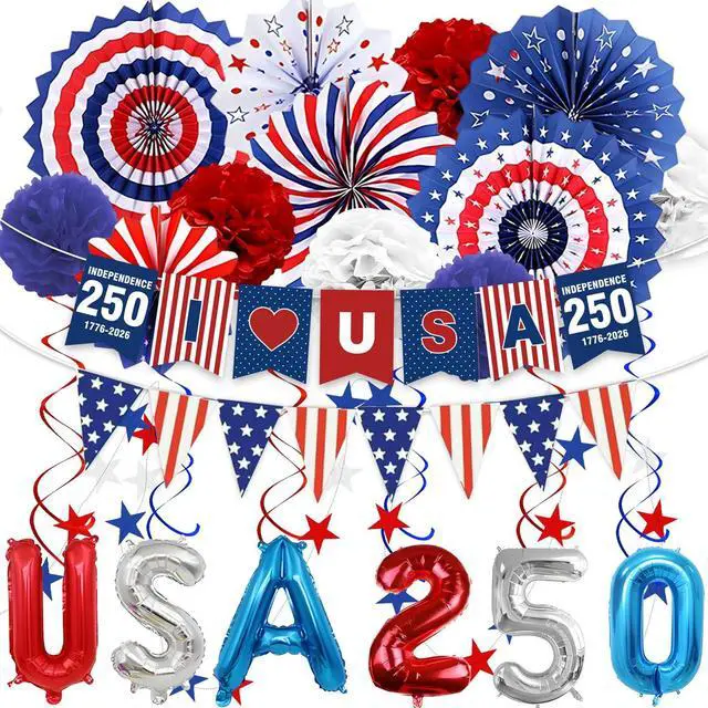 Main image of 32PCS US 250th Anniversary Decorations Set, 4th of July Decoration, LOVE USA Banner Red White Blue Paper Fans in Patriotic Designs