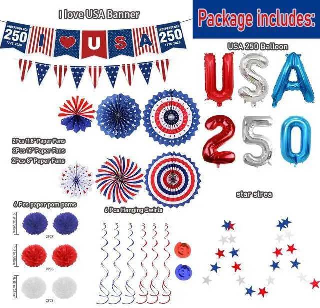 Alt view image 3 of 7 - 32PCS US 250th Anniversary Decorations Set, 4th of July Decoration, LOVE USA Banner Red White Blue Paper Fans in Patriotic Designs