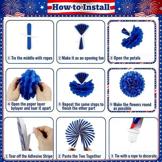 Alt view image 4 of 7 - 32PCS US 250th Anniversary Decorations Set, 4th of July Decoration, LOVE USA Banner Red White Blue Paper Fans in Patriotic Designs