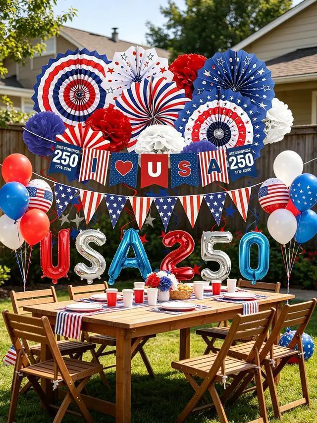Alt view image 7 of 7 - 32PCS US 250th Anniversary Decorations Set, 4th of July Decoration, LOVE USA Banner Red White Blue Paper Fans in Patriotic Designs