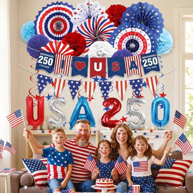 Alt view image 6 of 7 - 32PCS US 250th Anniversary Decorations Set, 4th of July Decoration, LOVE USA Banner Red White Blue Paper Fans in Patriotic Designs