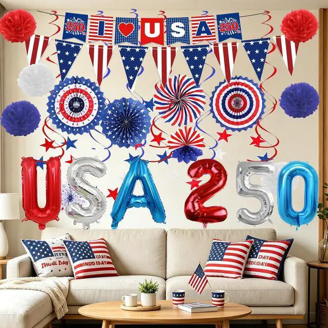 Alt view image 2 of 7 - 32PCS US 250th Anniversary Decorations Set, 4th of July Decoration, LOVE USA Banner Red White Blue Paper Fans in Patriotic Designs
