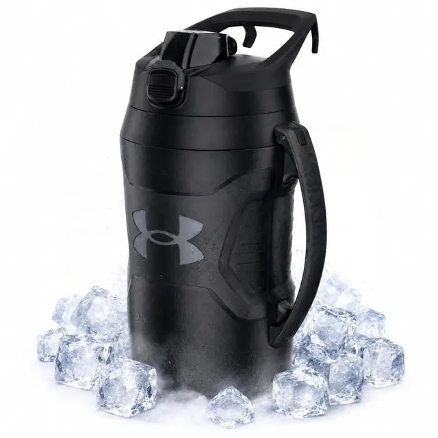 Main image of Insulated Water Bottle with Handle & Fence Hook, Half Gallon Sports Water Jug, Leak-Resistant & BPA-Free for Baseball, Football & Gym - Black/Black, 64oz