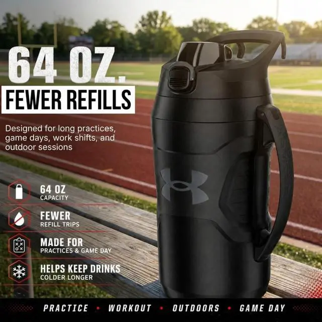 Alt view image 2 of 7 - Insulated Water Bottle with Handle & Fence Hook, Half Gallon Sports Water Jug, Leak-Resistant & BPA-Free for Baseball, Football & Gym - Black/Black, 64oz