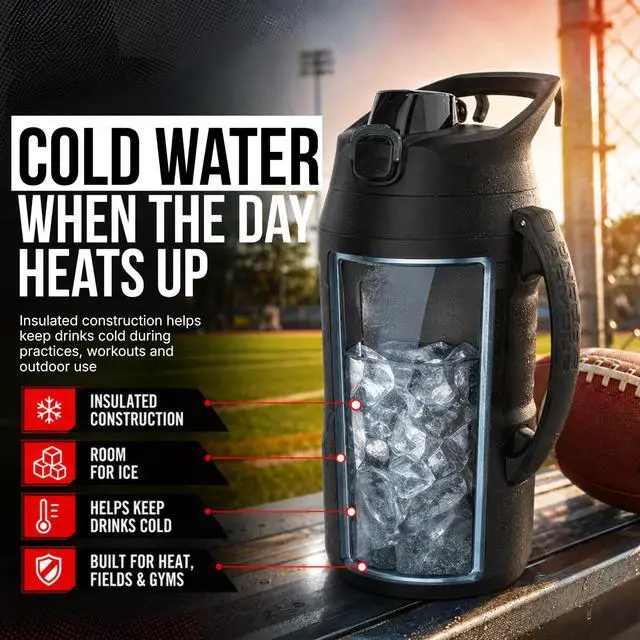 Alt view image 3 of 7 - Insulated Water Bottle with Handle & Fence Hook, Half Gallon Sports Water Jug, Leak-Resistant & BPA-Free for Baseball, Football & Gym - Black/Black, 64oz