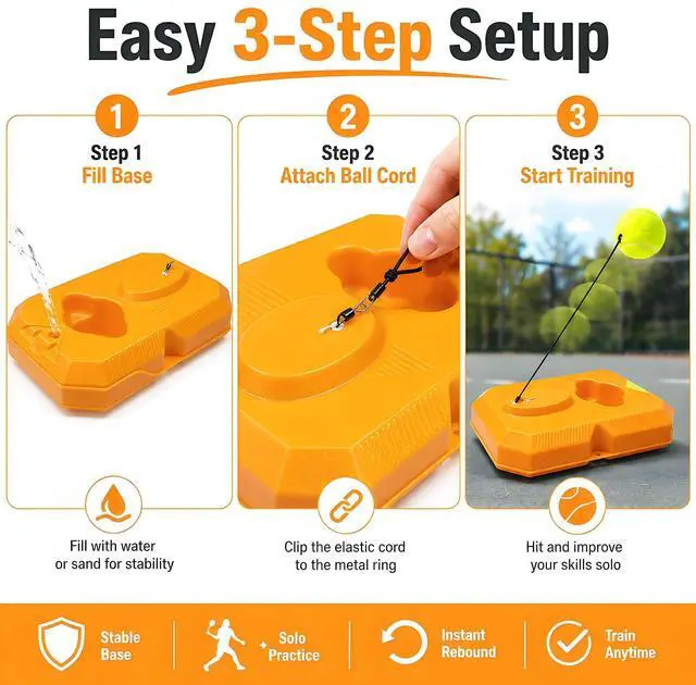 Alt view image 2 of 3 - Tennis Rebound Trainer Set, Portable Solo Practice Tool with Heavy Duty Power Base, 3 String Balls, Filling Water Required, Indoor/Outdoor Tennis Training Equipment for Beginners&Advanced Players(ORG)