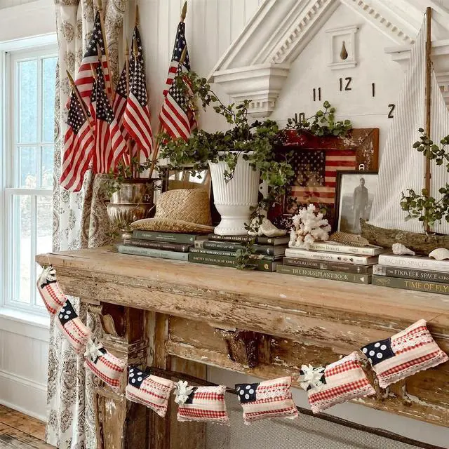 Alt view image 4 of 6 - 8.2ft Vintage Patriotic Flag Garland, 250th Anniversary 4th of July Decorations, Red White Blue Independence Day Stuffed Flag Banner for Mantel, Fireplace, Indoor Outdoor, Memorial Day