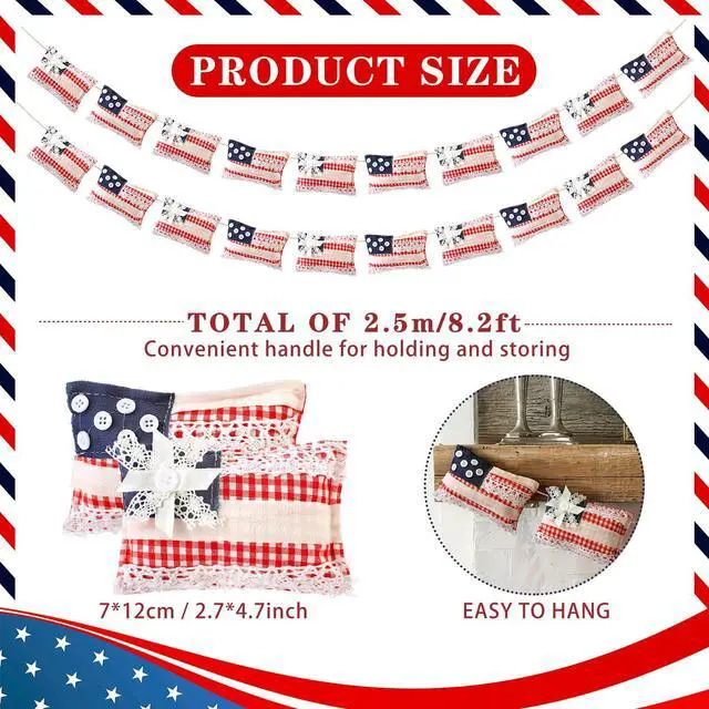 Alt view image 2 of 6 - 8.2ft Vintage Patriotic Flag Garland, 250th Anniversary 4th of July Decorations, Red White Blue Independence Day Stuffed Flag Banner for Mantel, Fireplace, Indoor Outdoor, Memorial Day