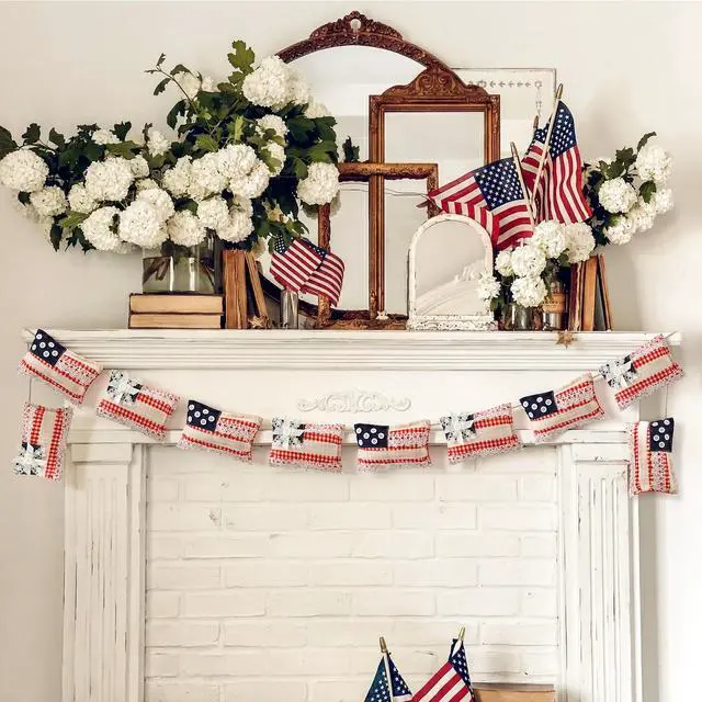 Alt view image 5 of 6 - 8.2ft Vintage Patriotic Flag Garland, 250th Anniversary 4th of July Decorations, Red White Blue Independence Day Stuffed Flag Banner for Mantel, Fireplace, Indoor Outdoor, Memorial Day