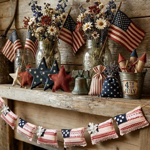 Main image of 8.2ft Vintage Patriotic Flag Garland, 250th Anniversary 4th of July Decorations, Red White Blue Independence Day Stuffed Flag Banner for Mantel, Fireplace, Indoor Outdoor, Memorial Day