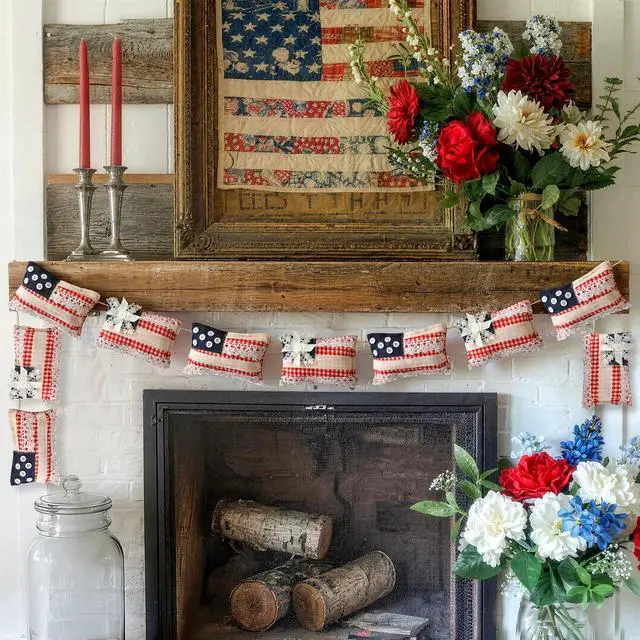 Alt view image 6 of 6 - 8.2ft Vintage Patriotic Flag Garland, 250th Anniversary 4th of July Decorations, Red White Blue Independence Day Stuffed Flag Banner for Mantel, Fireplace, Indoor Outdoor, Memorial Day