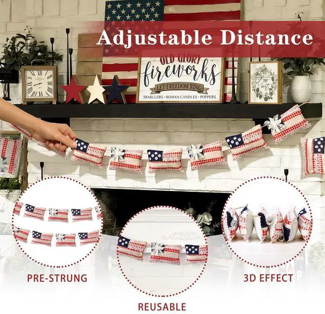 Alt view image 3 of 6 - 8.2ft Vintage Patriotic Flag Garland, 250th Anniversary 4th of July Decorations, Red White Blue Independence Day Stuffed Flag Banner for Mantel, Fireplace, Indoor Outdoor, Memorial Day