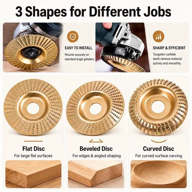 Alt view image 3 of 7 - Angle Grinder Polishing Pad, 2026 Tungsten Carbide Wheel Set with Upper Clamping Plates, Tungsten Carbide Grinding Wheel Wood Carving for Cutting, Shaping, Sanding (Gold)