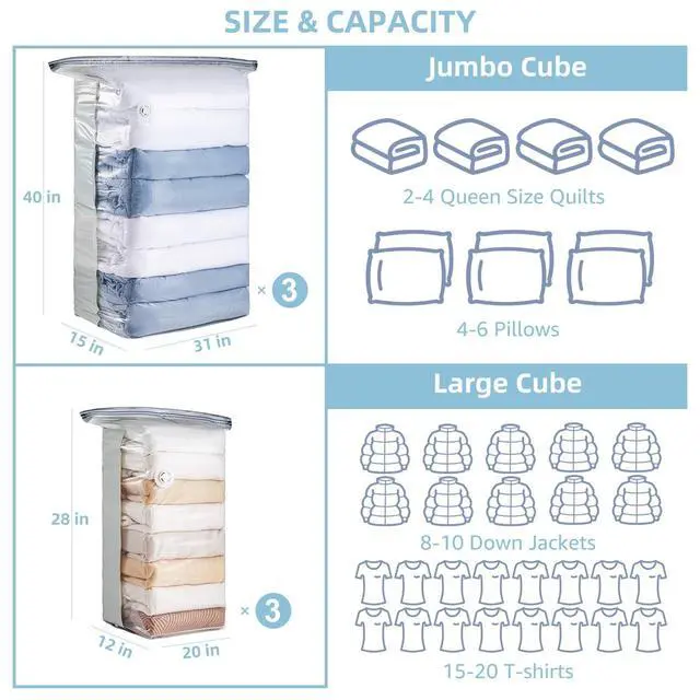 Alt view image 2 of 7 - 6 Pack Vacuum Storage Bags, Cube Combo (3 Jumbo+3 Medium), Vacuum Seal Bags for Clothing, Bedding, Blanket, Space Saving Closet Organization