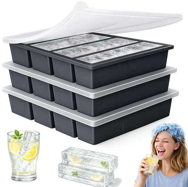 Main image of Large Silicone Ice Cube Trays for Tall Bottles, Long Ice Stick Mold with Lid, Slow Melting, Stackable & Odor Resistant Freezer Tray, Reusable for Drinks or Butter, 3 Pack