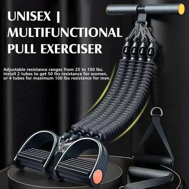Alt view image 4 of 7 - 2026 Upgrade Multifunctional Foot Pedal Resistance Band with Handle,Unisex 4-Tube & 25-100 lbs Adjustable Elastic Sit up Pull Rope for Waist, Pedal Ankle Puller Resistance Band for Full Body Exercise