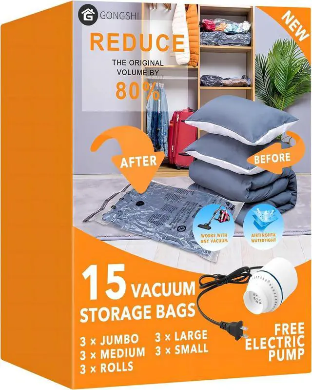 Main image of Vacuum Seal Bags for Clothing Travel & Home Storage, Travel Vacuum Bags with Electric Pump,Space Saver for Blankets, Comforters, Pillows, Clothes,15 Combo