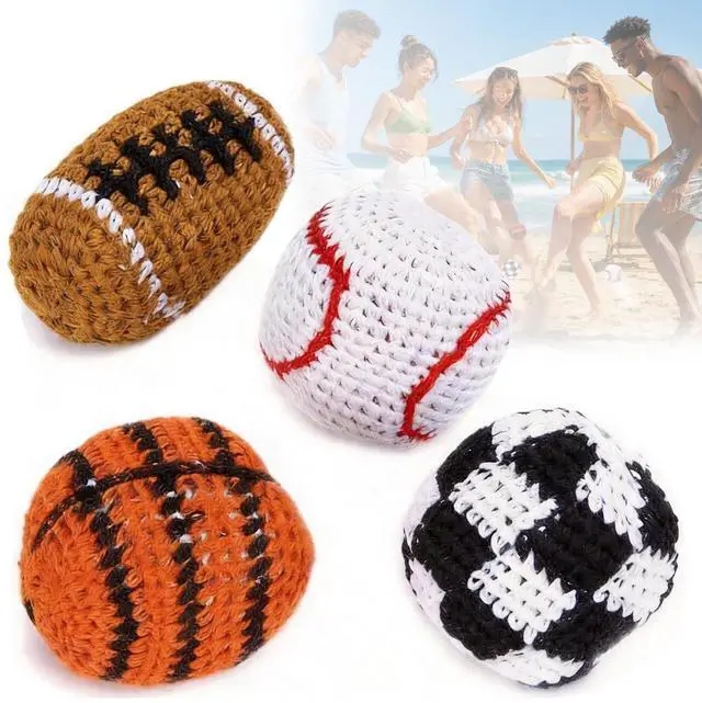 Main image of Knitted Footbags Set of 4 Football, Soccer, Basketball, Baseball Small Kick Sacks for Juggling Practice, Indoor/Outdoor Games, Party Favors & Group Play 4 Balls Included in Order