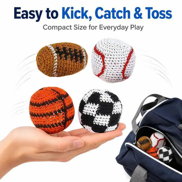 Alt view image 7 of 7 - Knitted Footbags Set of 4 Football, Soccer, Basketball, Baseball Small Kick Sacks for Juggling Practice, Indoor/Outdoor Games, Party Favors & Group Play 4 Balls Included in Order