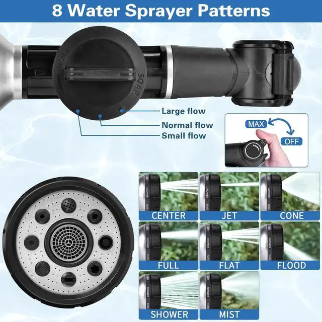 Alt view image 5 of 7 - Garden Hose Nozzle, High Pressure Hose Spray Nozzle 8 Way Spray Pattern One-Touch Sprayer for Watering Plants, Lawn, Patio, Car Wash, CleaningShowering Pet