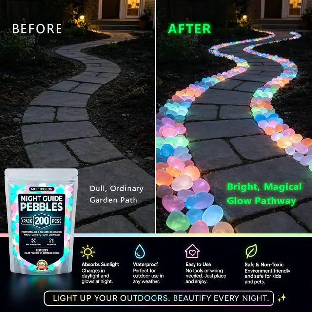 Alt view image 3 of 7 - 2026 Colorful Glow-in-the-Dark Garden Stones Night Guide Luminous Pebbles Rainbow Glow in the Dark Stepping Rocks Outdoor Landscaping Decor Glowing Stones Fish Tank Aquarium Decorations (200, Multi)
