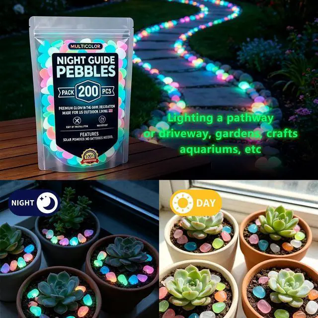 Alt view image 7 of 7 - 2026 Colorful Glow-in-the-Dark Garden Stones Night Guide Luminous Pebbles Rainbow Glow in the Dark Stepping Rocks Outdoor Landscaping Decor Glowing Stones Fish Tank Aquarium Decorations (200, Multi)