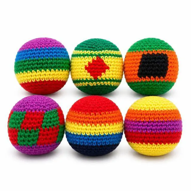 Main image of Knitted Footbags Set - Colorful Crochet Foot Bag Kick Balls for Adults and Beginners, Small Kick Sack for Juggling Practice, Indoor Outdoor Games, Party Favors and Group Play (6 Pcs)