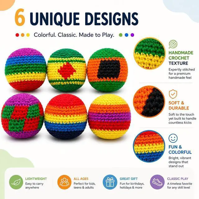 Alt view image 2 of 6 - Knitted Footbags Set - Colorful Crochet Foot Bag Kick Balls for Adults and Beginners, Small Kick Sack for Juggling Practice, Indoor Outdoor Games, Party Favors and Group Play (6 Pcs)