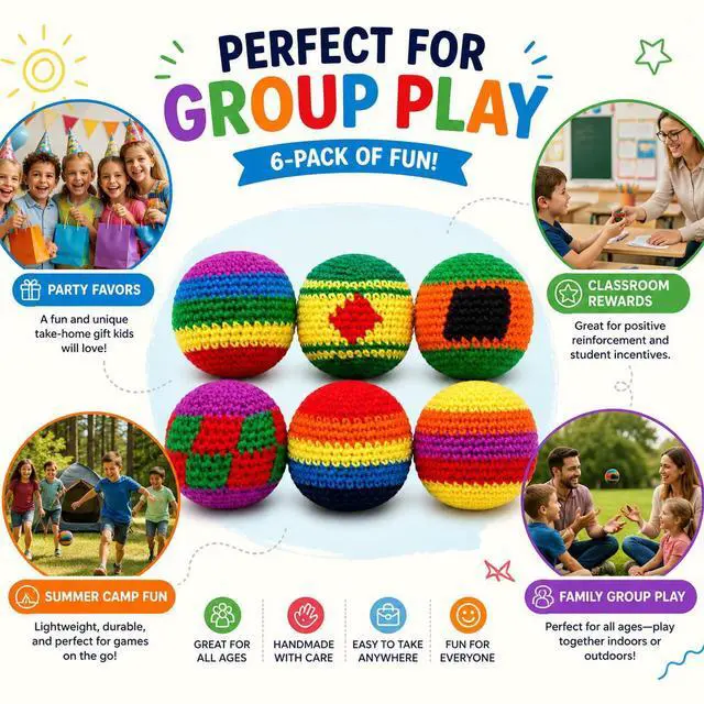 Alt view image 4 of 6 - Knitted Footbags Set - Colorful Crochet Foot Bag Kick Balls for Adults and Beginners, Small Kick Sack for Juggling Practice, Indoor Outdoor Games, Party Favors and Group Play (6 Pcs)