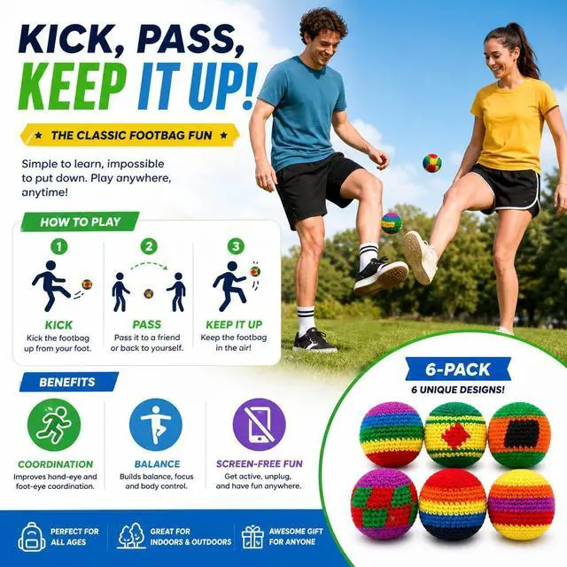 Alt view image 5 of 6 - Knitted Footbags Set - Colorful Crochet Foot Bag Kick Balls for Adults and Beginners, Small Kick Sack for Juggling Practice, Indoor Outdoor Games, Party Favors and Group Play (6 Pcs)
