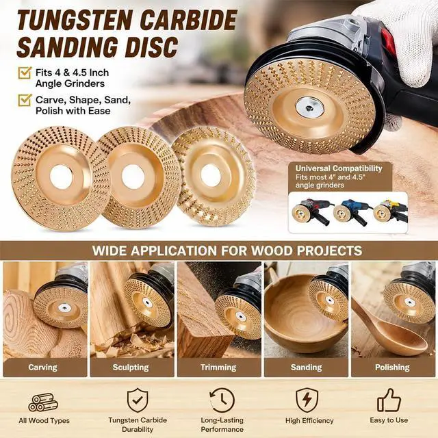 Alt view image 6 of 7 - Angle Grinder Polishing Pad, Wood Carving Disc Set, Tungsten Carbide Sanding Discs, for 4" or 4 1/2" Angle Grinder, Woodworking Attachment for Cutting, Shaping, Sanding (3PCS Set)