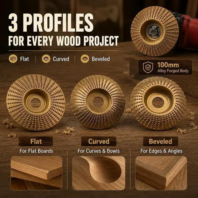 Alt view image 3 of 7 - 3PCS Angle Grinder Polishing Pad, Flat Curve Inclined Carbon Steel Shaping Wheel Attachments for Wood Sanding Polishing and Surface Finishing