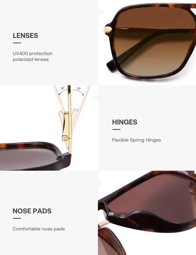 Alt view image 4 of 6 - Sunglasses for Women & Men, Square, Retro, Polarized Lens, Trendy Aviator, 90s Shades (SJ2229,Brown Tortoise Frame/Brown Grading Lens)