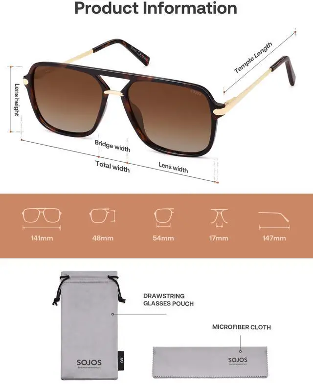 Alt view image 6 of 6 - Sunglasses for Women & Men, Square, Retro, Polarized Lens, Trendy Aviator, 90s Shades (SJ2229,Brown Tortoise Frame/Brown Grading Lens)