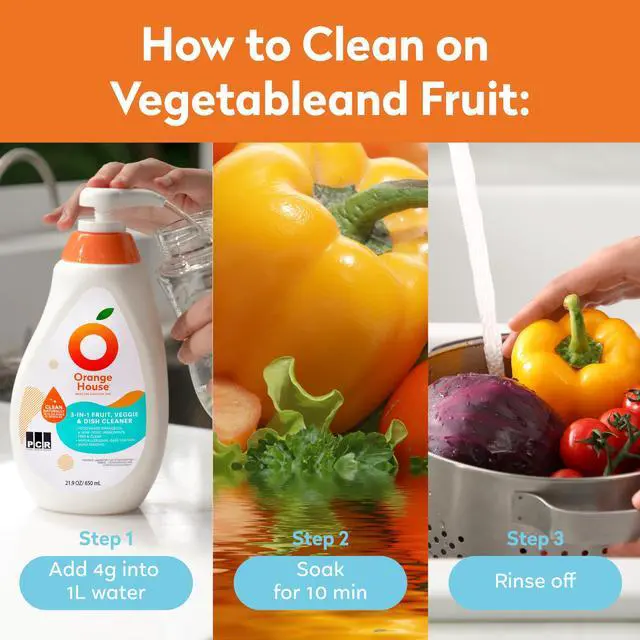Alt view image 4 of 7 - 3 in 1 Plant Based Dish Soap, Non Harmful Ingredients Veggie Wash, Orange Oil Fruit and Vegetable Wash, Convenient Fruit Wash, 21.9 Fl Oz Fruit Cleaner, Natural Dish Soap (1 Pack)