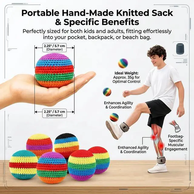 Alt view image 2 of 7 - 6PCS Handmade Knitted Hackys Footbags Set, Colorful Crochet Juggling Balls for Adults & Beginners, Portable Soft Foot Bag Kick Sacks Set for Outdoor Lawn Yard Games & Agility Coordination Training