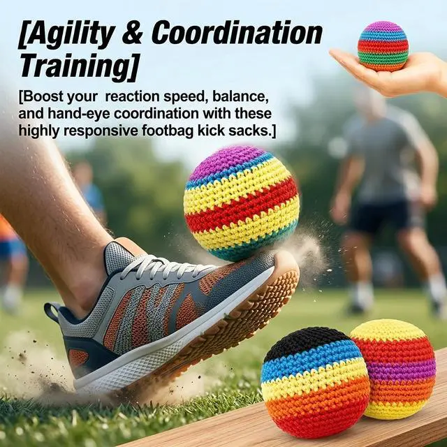 Alt view image 4 of 7 - 6PCS Handmade Knitted Hackys Footbags Set, Colorful Crochet Juggling Balls for Adults & Beginners, Portable Soft Foot Bag Kick Sacks Set for Outdoor Lawn Yard Games & Agility Coordination Training