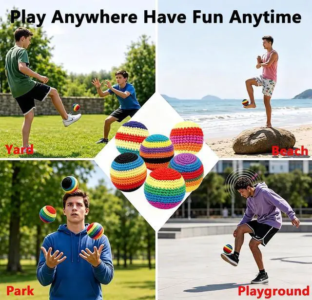 Alt view image 7 of 7 - 6PCS Handmade Knitted Hackys Footbags Set, Colorful Crochet Juggling Balls for Adults & Beginners, Portable Soft Foot Bag Kick Sacks Set for Outdoor Lawn Yard Games & Agility Coordination Training