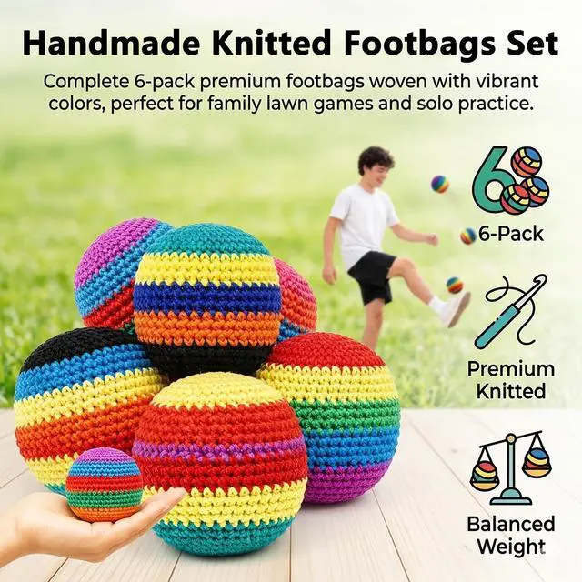 Alt view image 3 of 7 - 6PCS Handmade Knitted Hackys Footbags Set, Colorful Crochet Juggling Balls for Adults & Beginners, Portable Soft Foot Bag Kick Sacks Set for Outdoor Lawn Yard Games & Agility Coordination Training