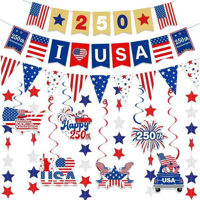 Main image of 250th Anniversary Decorations 4th of July Decorations Including 250th Anniversary US Banner Star Garland 250 Banner Hanging Swirls