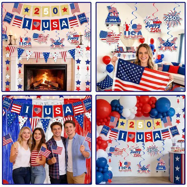 Alt view image 2 of 6 - 250th Anniversary Decorations 4th of July Decorations Including 250th Anniversary US Banner Star Garland 250 Banner Hanging Swirls