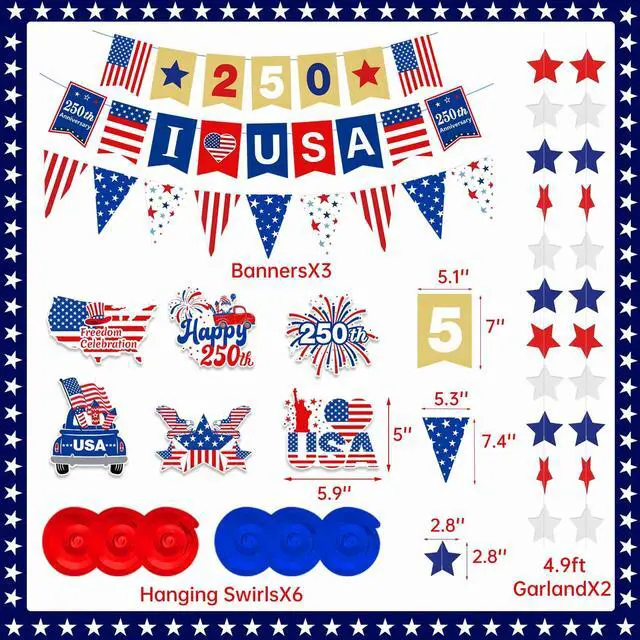 Alt view image 3 of 6 - 250th Anniversary Decorations 4th of July Decorations Including 250th Anniversary US Banner Star Garland 250 Banner Hanging Swirls